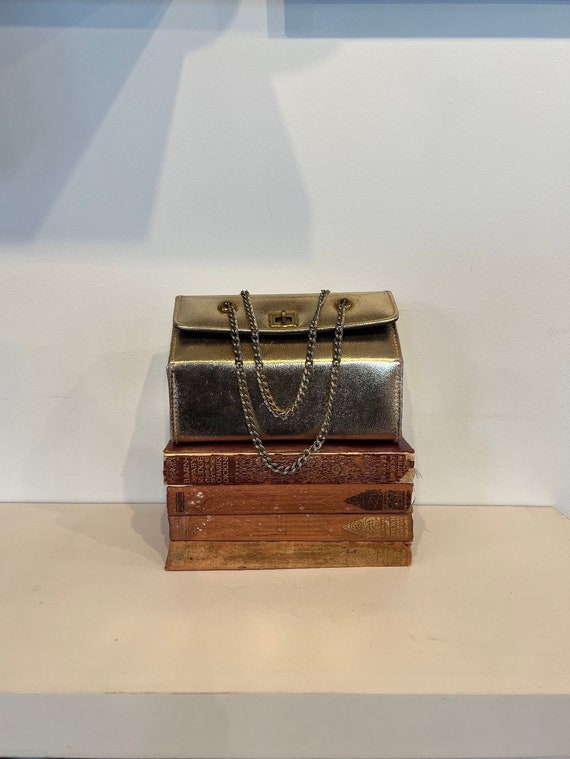 Vintage 60s Little Gold Lame Purse, 60s Gold Box Purse with Chain Straps, Vintage Gold Lame Handbag