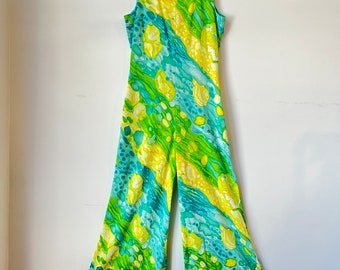 Late 60s Early 70s Vintage Lime Green Watercolor Tie Dye Sleeveless Wide Leg Jumpsuit 1960s 1970s Vtg Groovy Disco Hippie Bell Bottom Romper