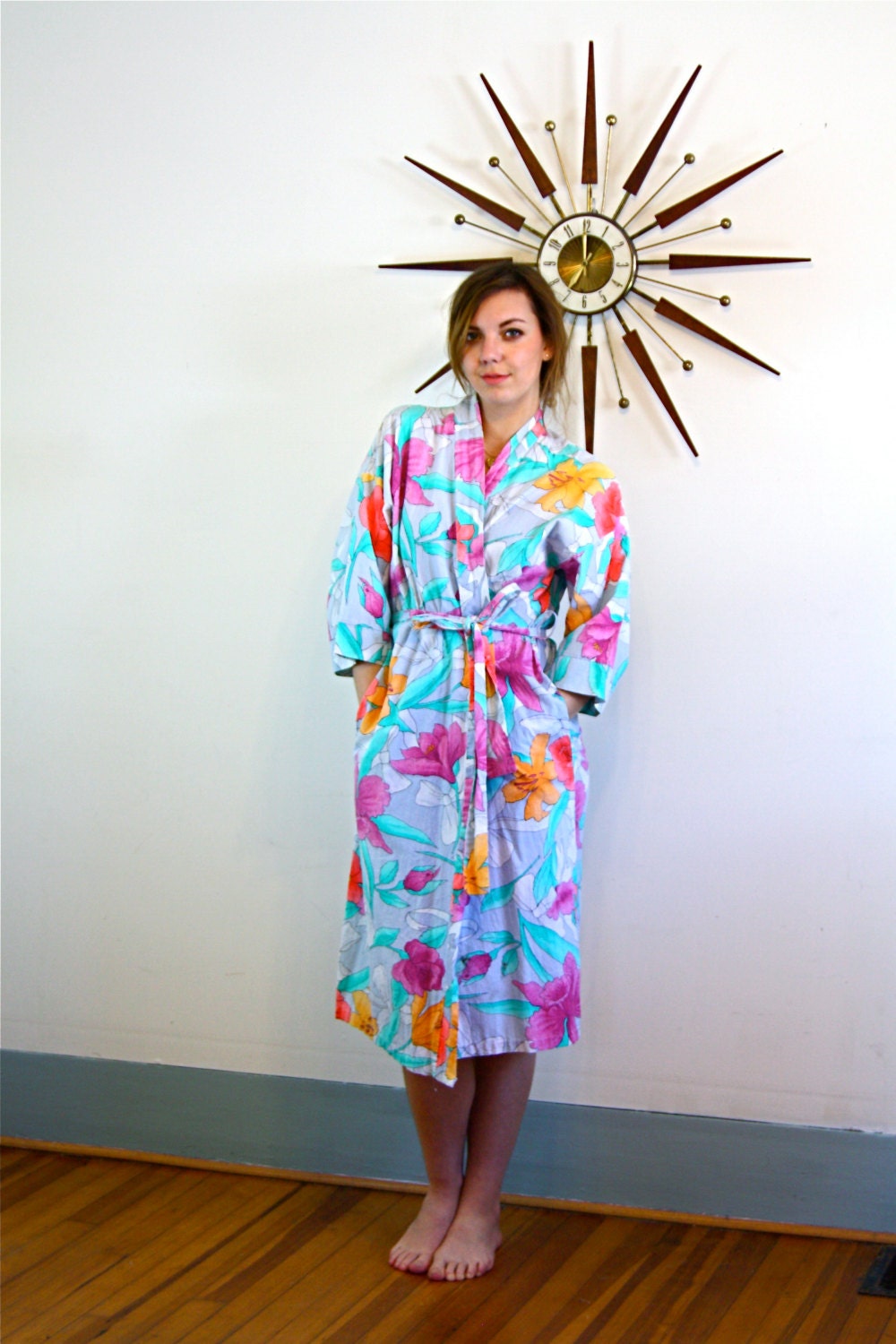 Vintage Cotton Bathrobe Neon Floral Robe by Donna Beth Gray Bright Aqua
