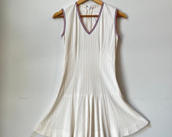 Vintage 60s Mod Micro Mini Tennis Dress, White Sleeveless Textured Polyester 1960s Drop Waist Flutter Skirt Dress w/ Red White & Blue Trim S