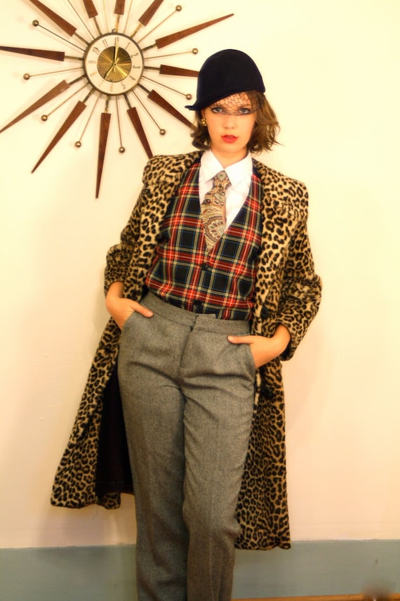 Vintage 60s Leopard Print Coat, Animal Print Faux Fur trench, Mid Century Womens Long Cheetah jacket 1960s Double Breasted Ladies Swing Coat