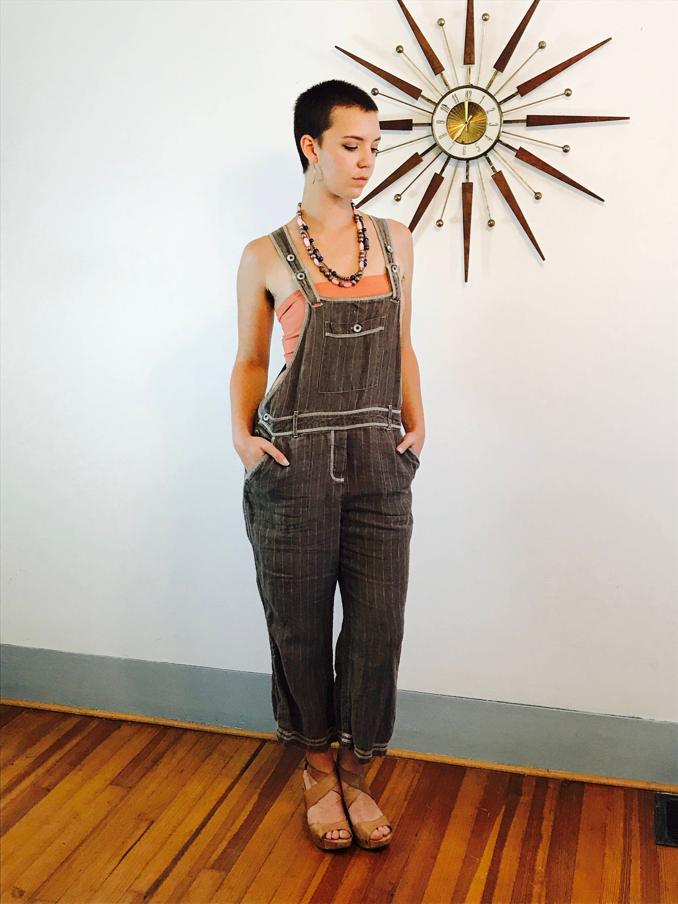 Womens Overalls, Vintage 90s Overalls, Khaki Linen Overall, Brown