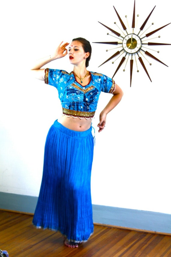 Bright Blue SILK Skirt, Indian Maxi Skirt, Full Boho Skirt, Electric Jewel tone, Ethnic Bohemian, Hippie Belly Dance, Long Ankle length, S M