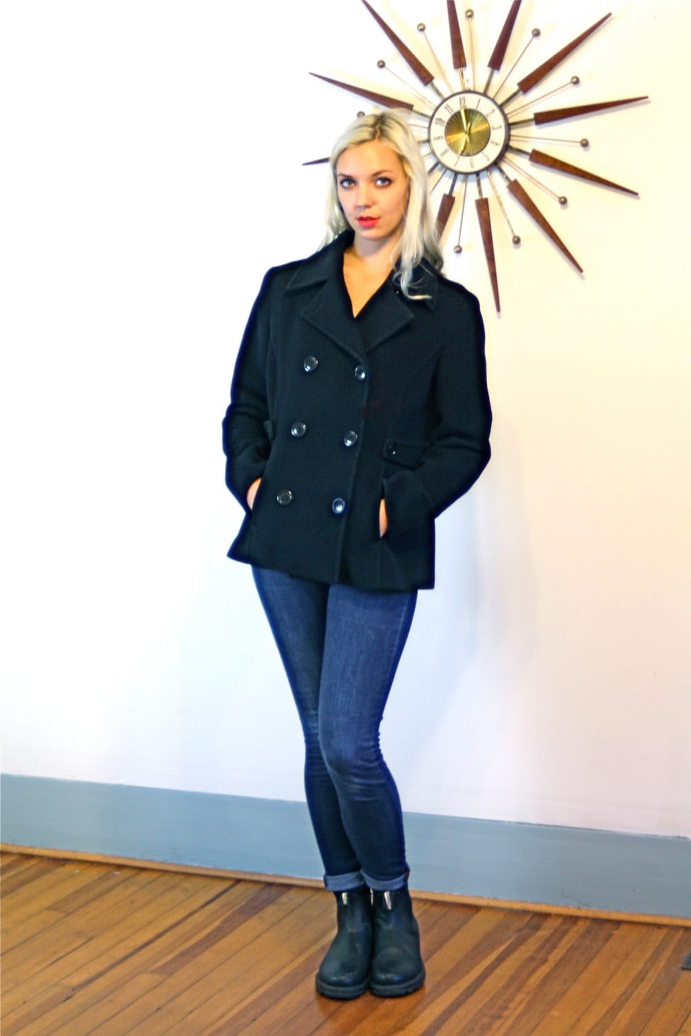 Vintage 70s Black Wool Pea Coat Cashmere Blend Short Double Breasted ...