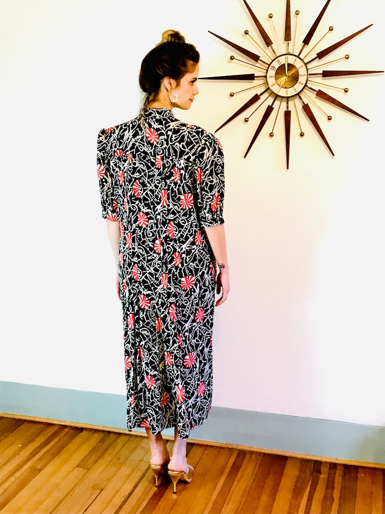 80s black silk Paul Costelloe dress XL geometric pattern long sleeve dress 1980s does 40s red white peppermint candy print pussy bow tie