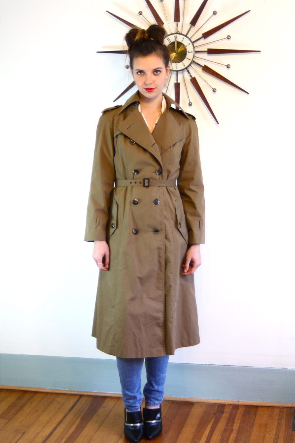 Vintage 70s Trench Coat Double Breasted Dark Khaki Rain Jacket Belted ...