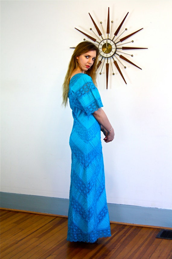 Cotton maxi dress, Turquoise blue dress, 70s boho… - image 3