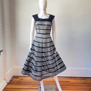 1950s Gingham Party Dress: Jack Squire Black & White Striped Fit n&#39; Flair