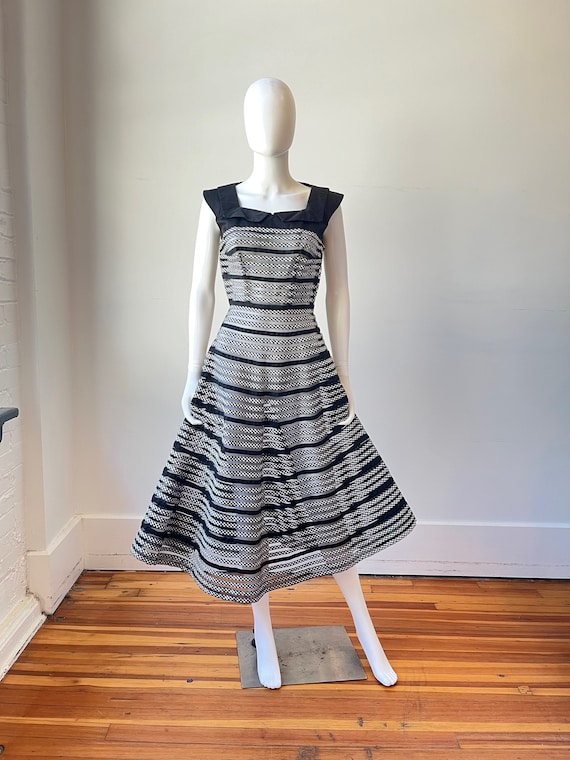 1950s Jack Squire Black & White Gingham Ribbon Sheer Striped Party Dress, Vintage 50s Rockabilly Sundress Vtg Retro Fit n Flair Picnic Dress