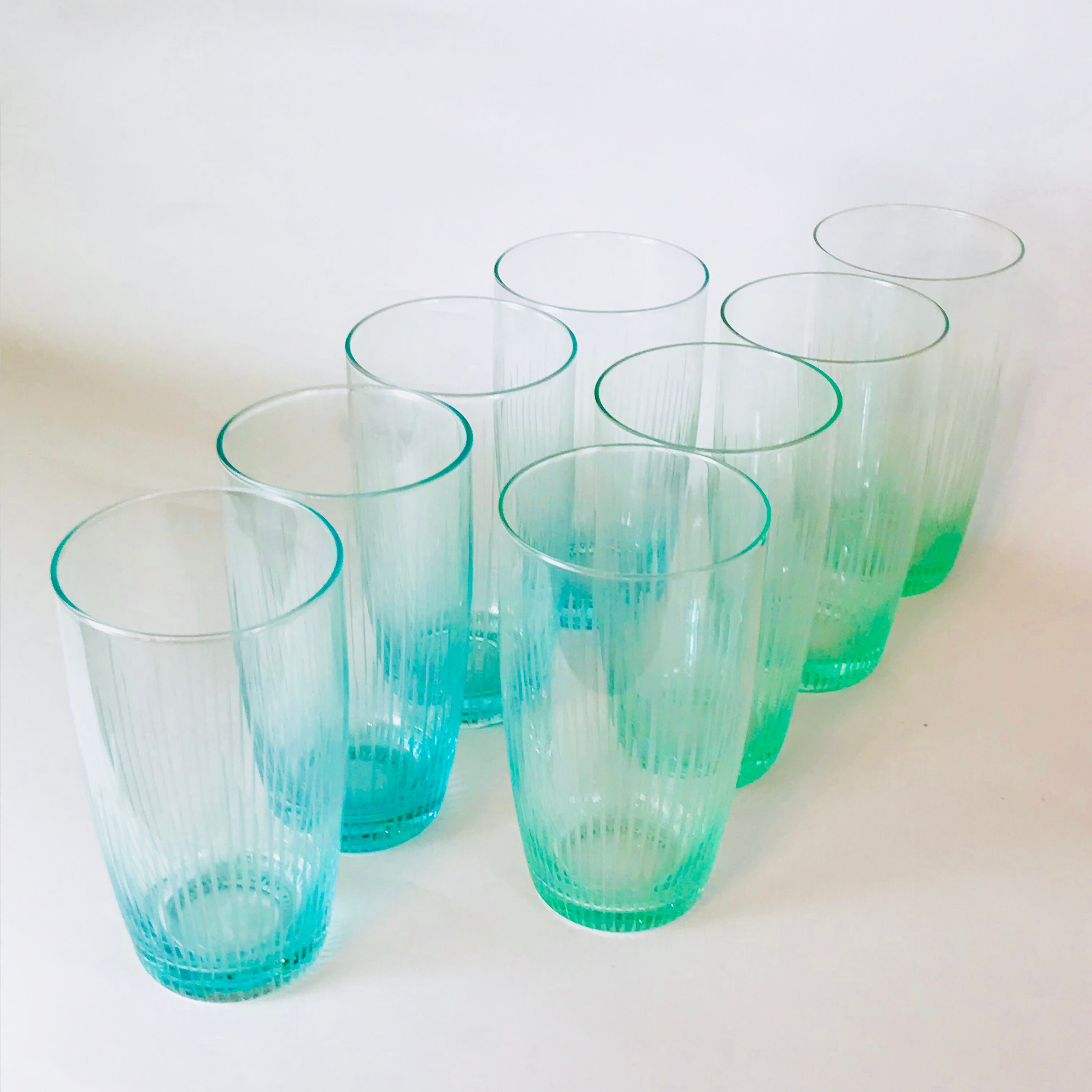 Tall 60s blue glasses, Set of 8 eight, etched 1960s glass, Cyan aqua