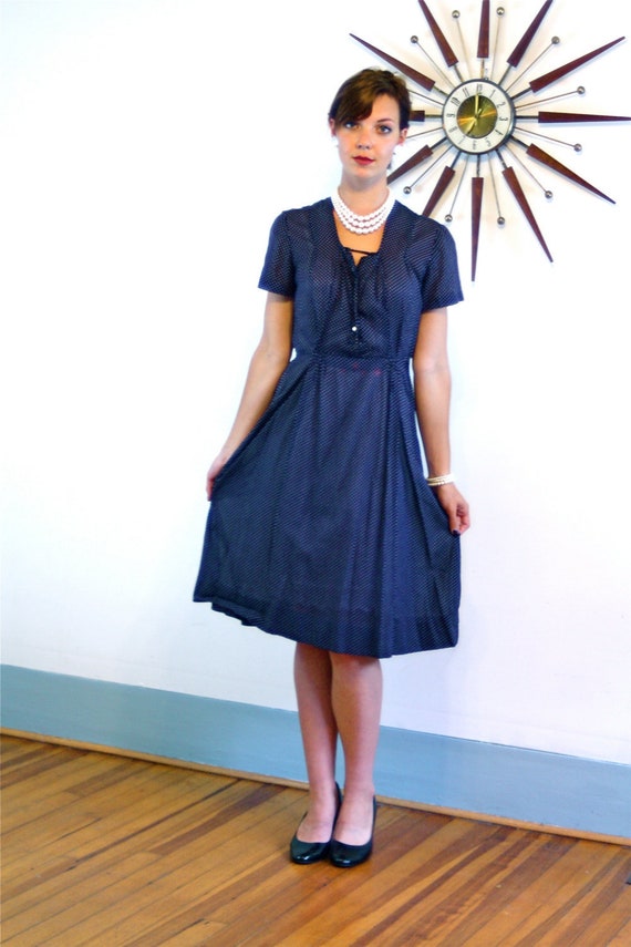 40s day dress, vintage 1940s dress, sheer cotton dress, navy blue dress, polka dot dress, 40s dress, retro housewife, 1940s pintuck dress