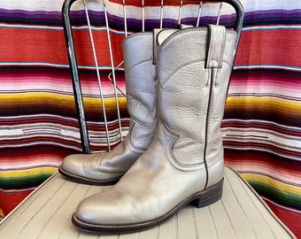 Vintage 80s Justin Ropers, Metallic silver ladies cowboy boots, Short round toe low heel leather 1980s cowgirl boots, Women's size 5.5