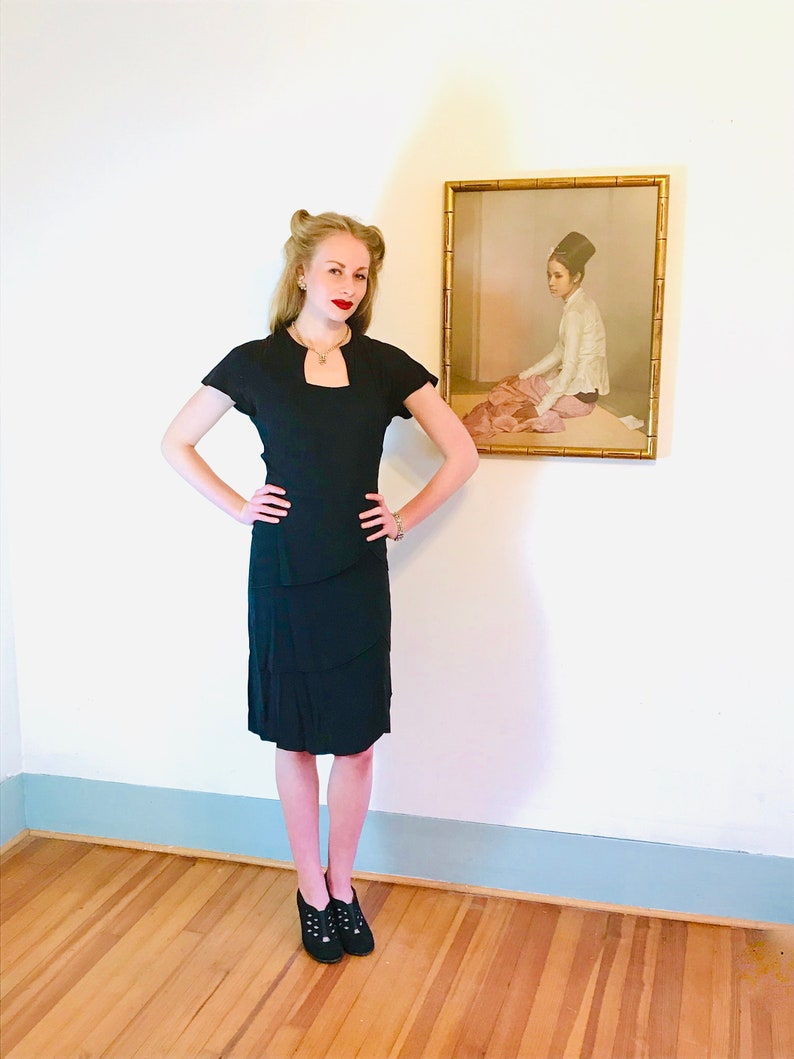 1940s Art Deco Dress Vintage 40s Dress 40s Swing Dance Dress 40s Peplum Dress Little Black Dress 40s Cold Rayon Dress