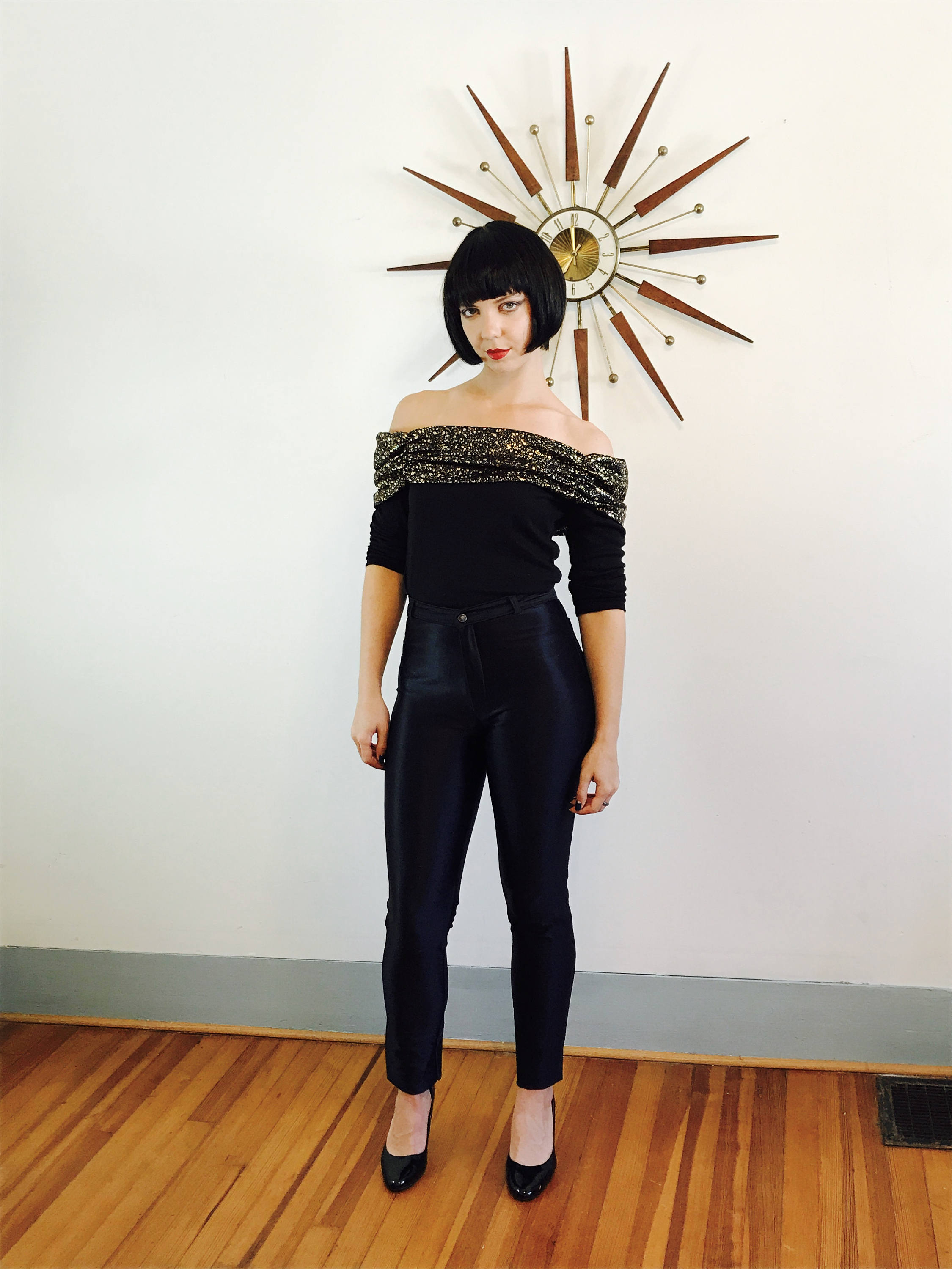 Off the Shoulder top, Black Crop Top, Vintage 80s blouse, Metallic Gold