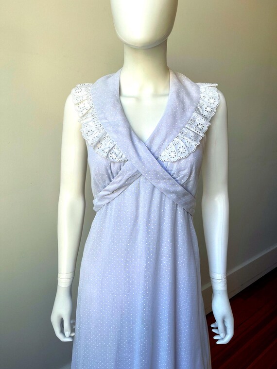 Vtg 70s Halter Maxi Dress, Vintage Pale Lilac Purple Swiss Dot Eyelet Lace, Strappy Criss Cross Open Back Wide Ruffle Collar Summer Dress