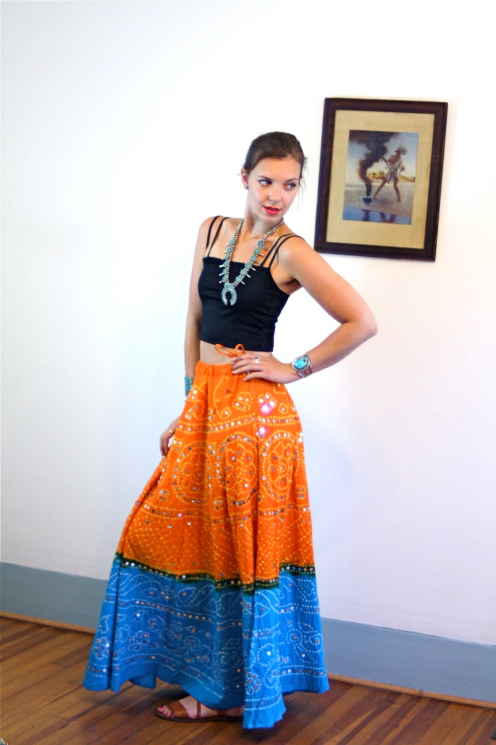 Vintage Indian skirt, hippie India skirt, belly dancing skirt, blue tie