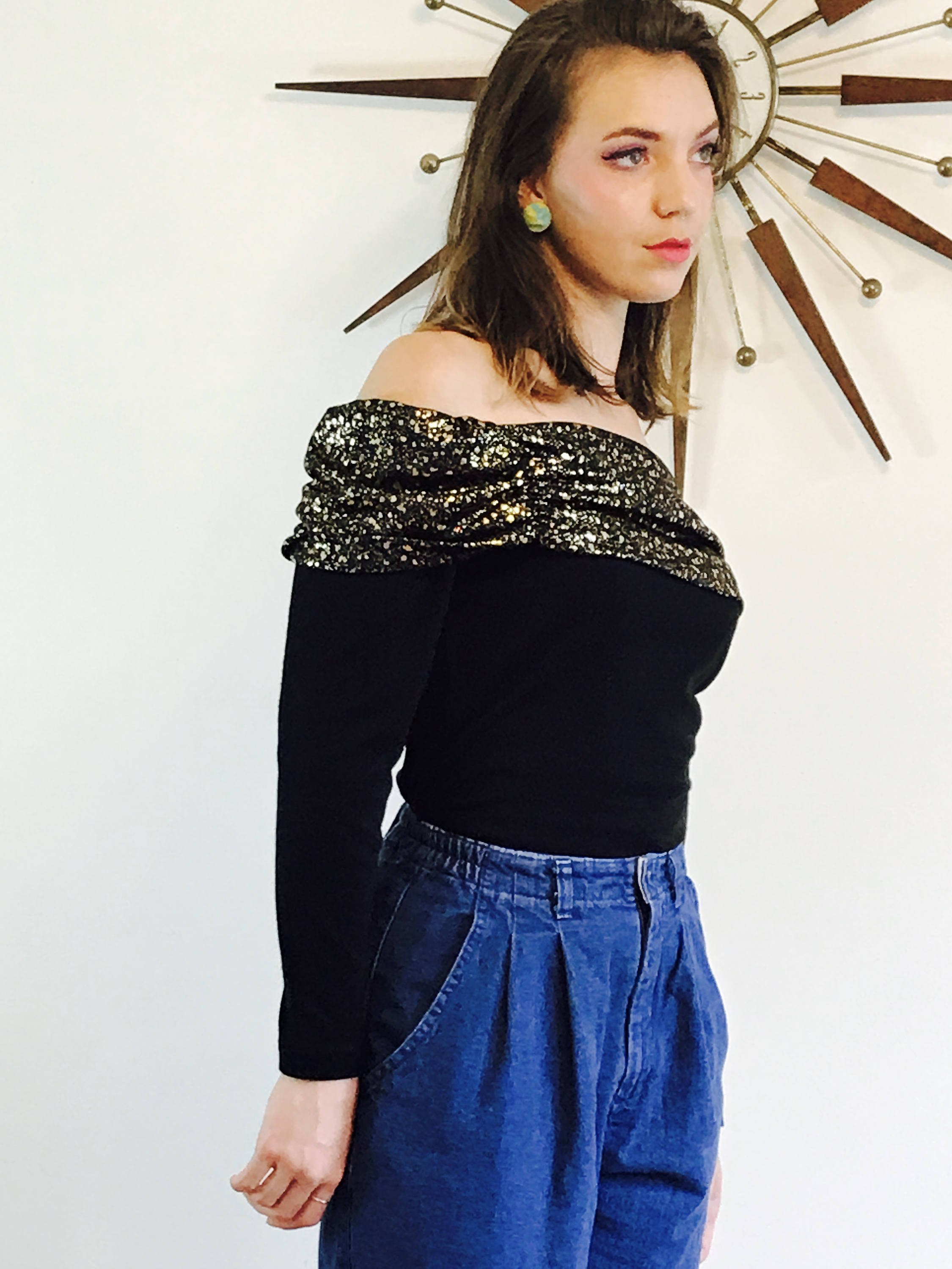 Off the Shoulder top, Black Crop Top, Vintage 80s blouse, Metallic Gold