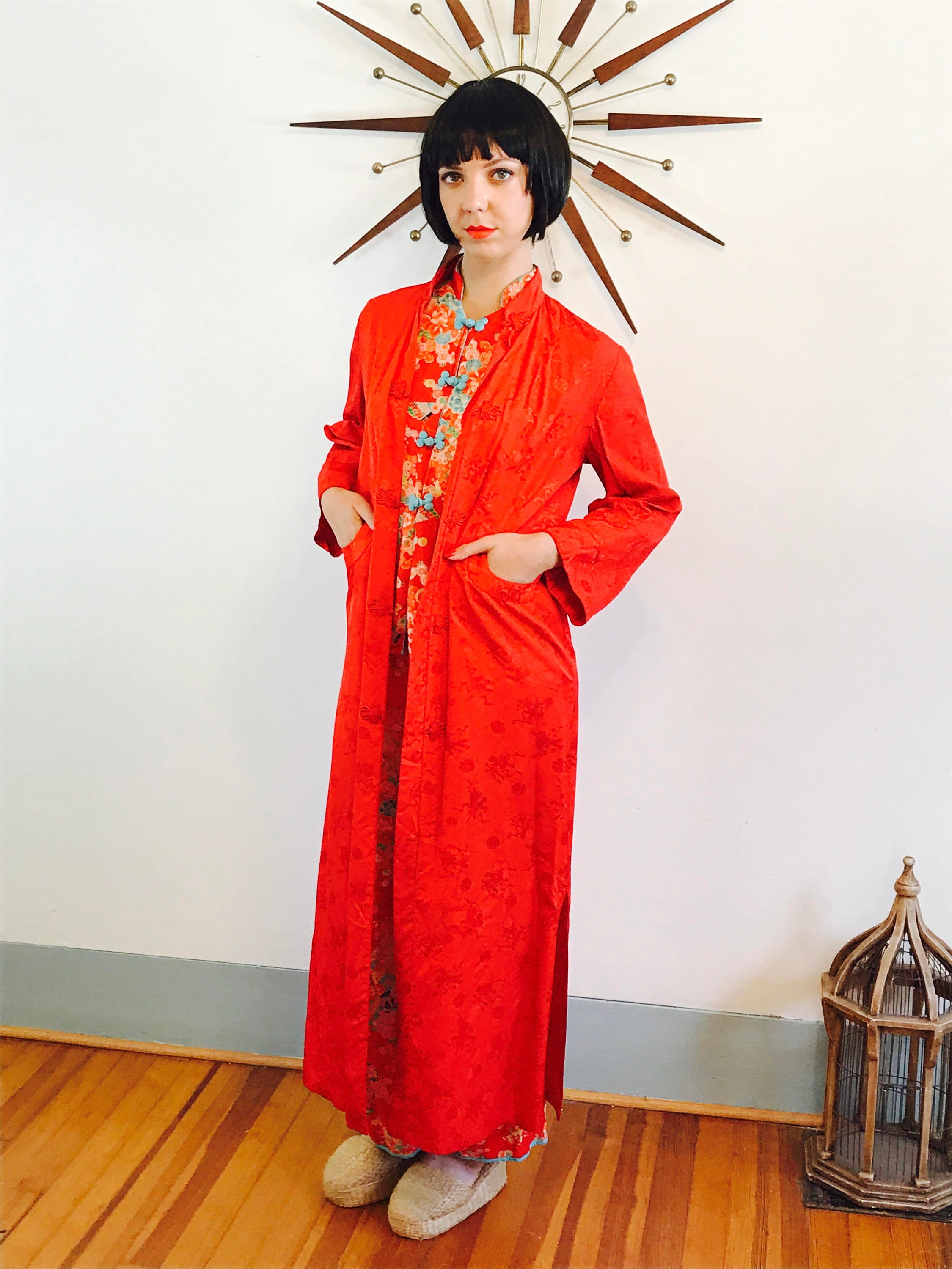 Red Chinese Robe, Vintage 20 robe, Cheongsam jacket, Long Chinese Robe