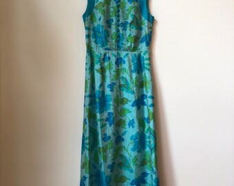 1960s Aqua Blue Butterfly Print Dress, 60s Pure Silk Button Front Dress, Blue Green Vintage Maxi Dress, 1960s Blue Floral Hostess Dress