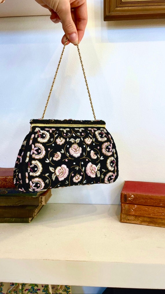 Vintage 1940s Walborg Hand Beaded Evening Bag, Made in France, w/ satin coin purse, mirror & gold chain, 40s black pink floral bead handbag