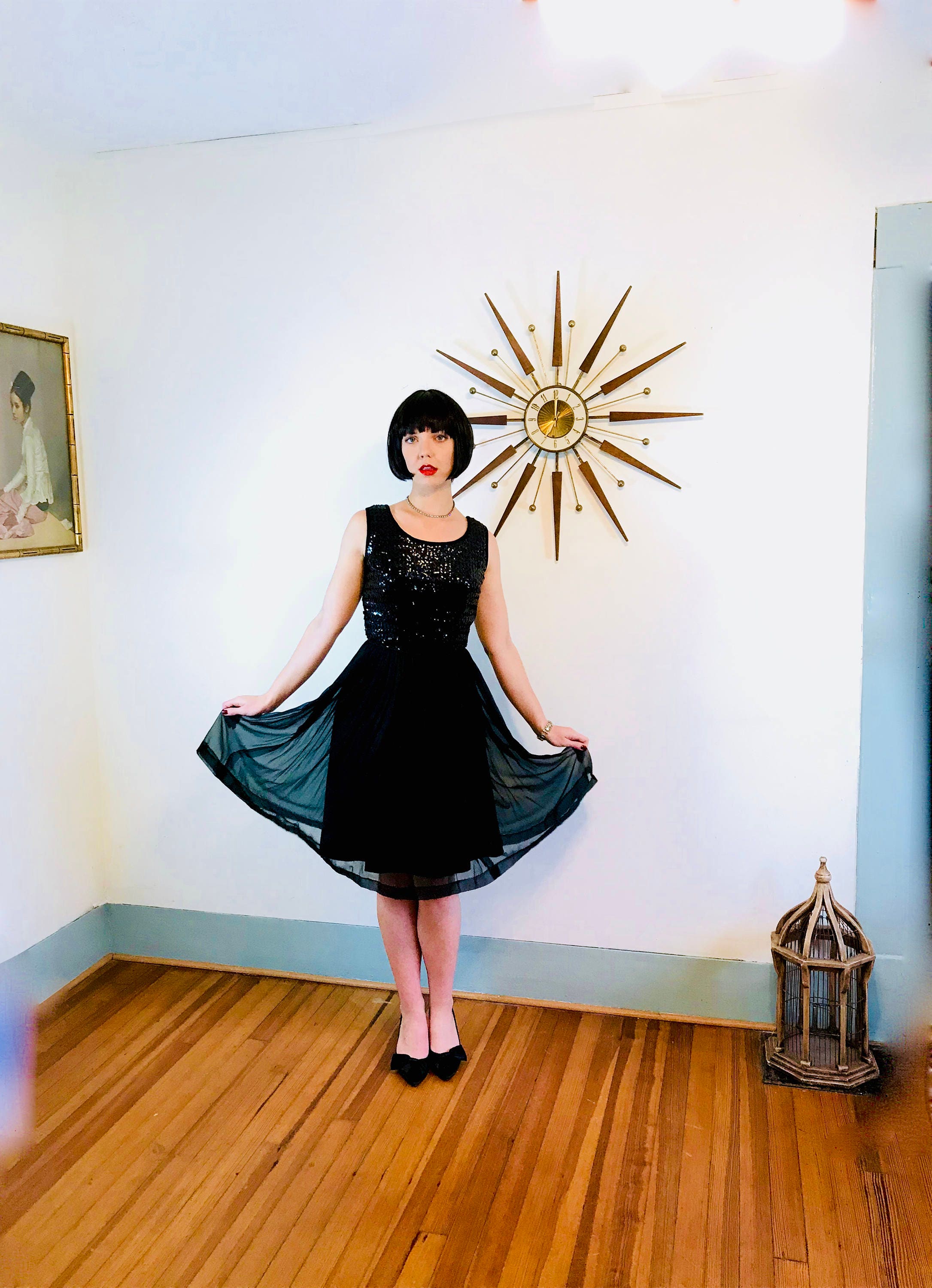 Black 60s cocktail dress, 60s Sequin Dress, Chiffon Party Dress, Little Black Dress, 50s