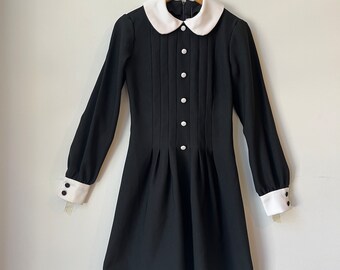 Vintage 60s Mod Mini Dress Made in London, Wednesday Addams Black & White 1960s Long Cuffed Sleeve decorative button front Vtg 60s Day Dress