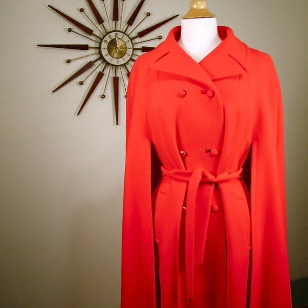 VINTAGE 1960's Mod Bright Red Cape Neon Orange Wool Coat Hipster Go Go Jacket