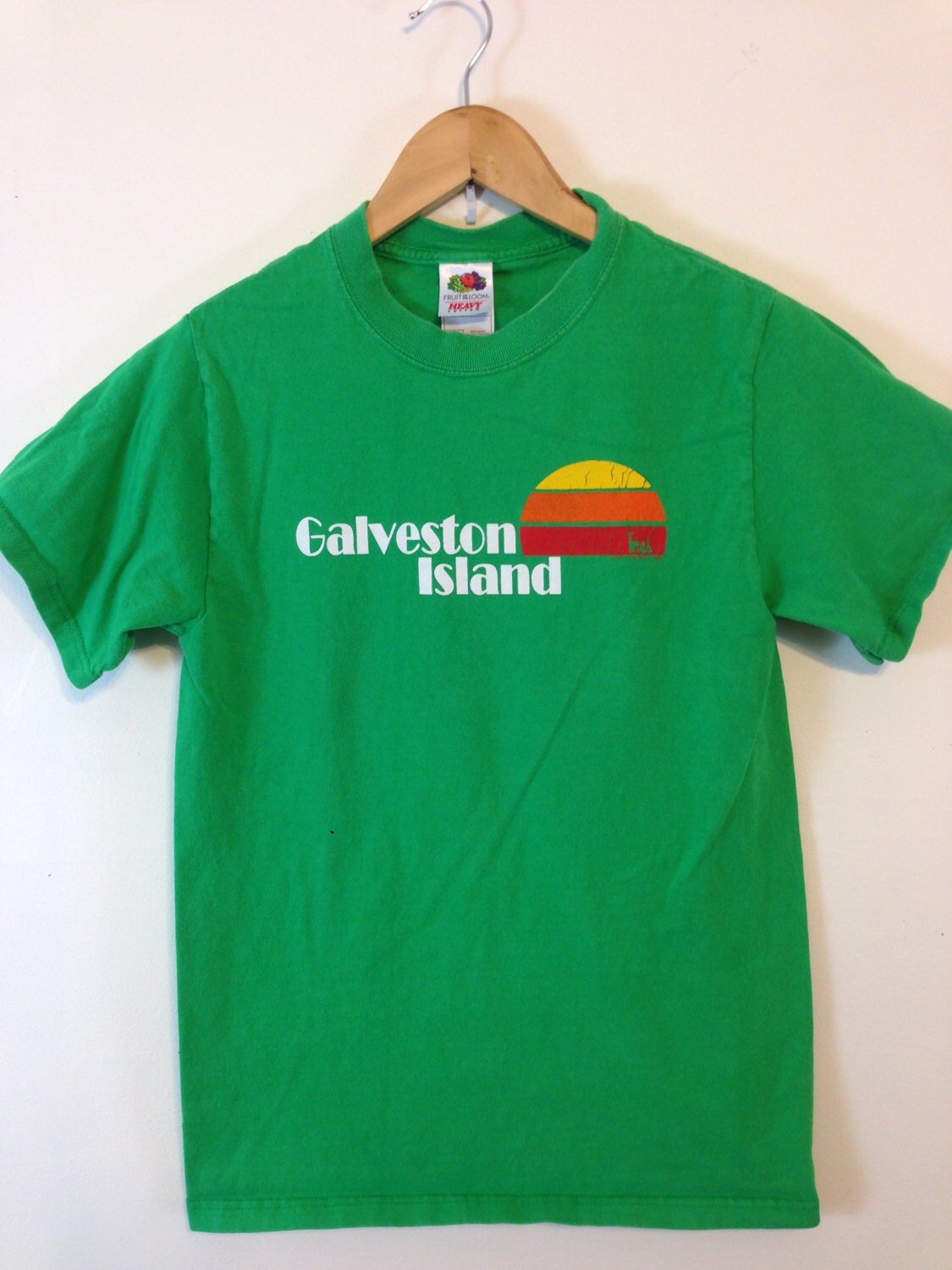 Vintage 80s Galveston Island TShirt Bright Kelly Green Cotton Graphic