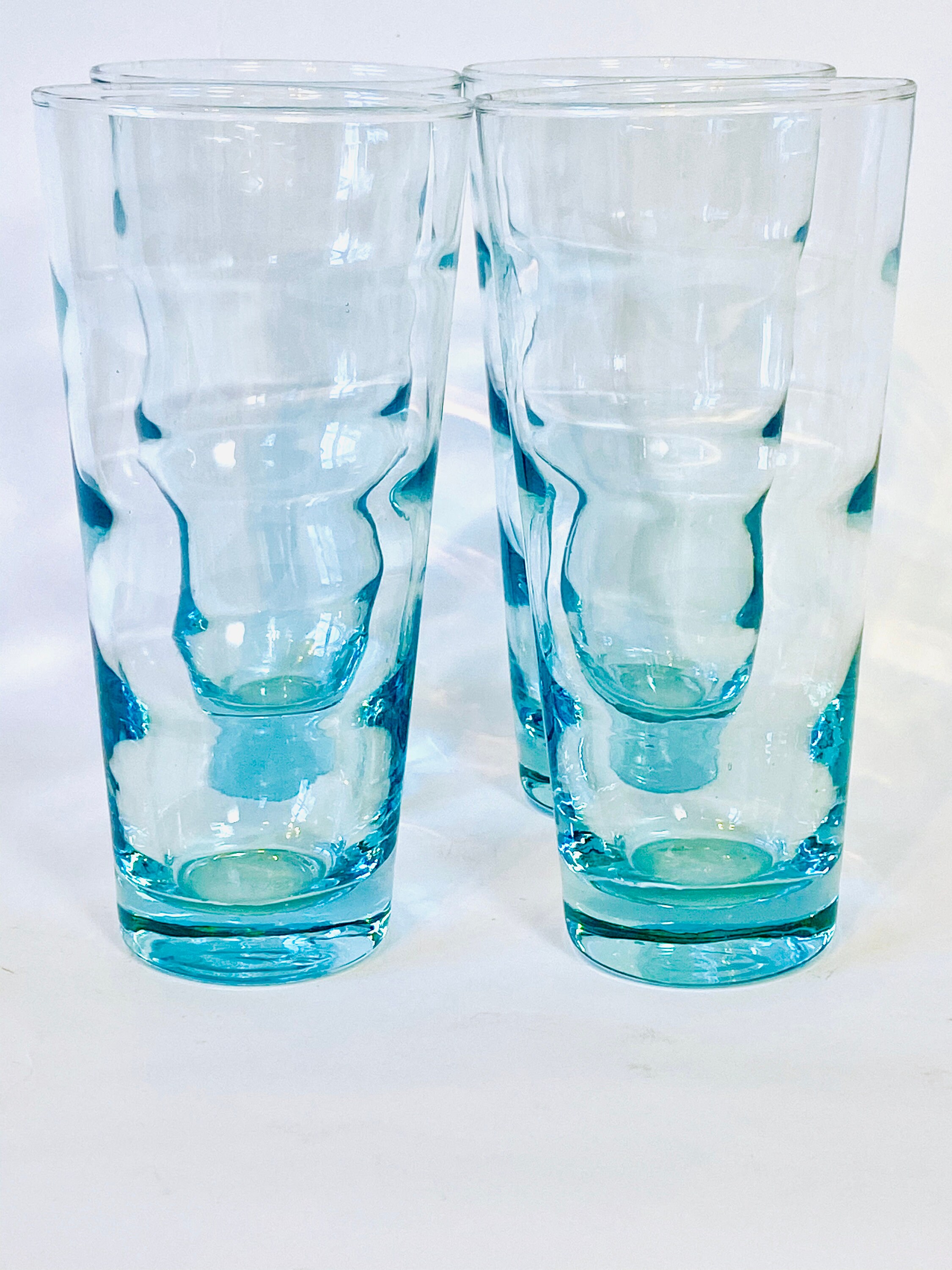 4- Modern Drinking Glasses Smokey Blu Square Bottom Glasses 6-1/4 Tall  Vintage