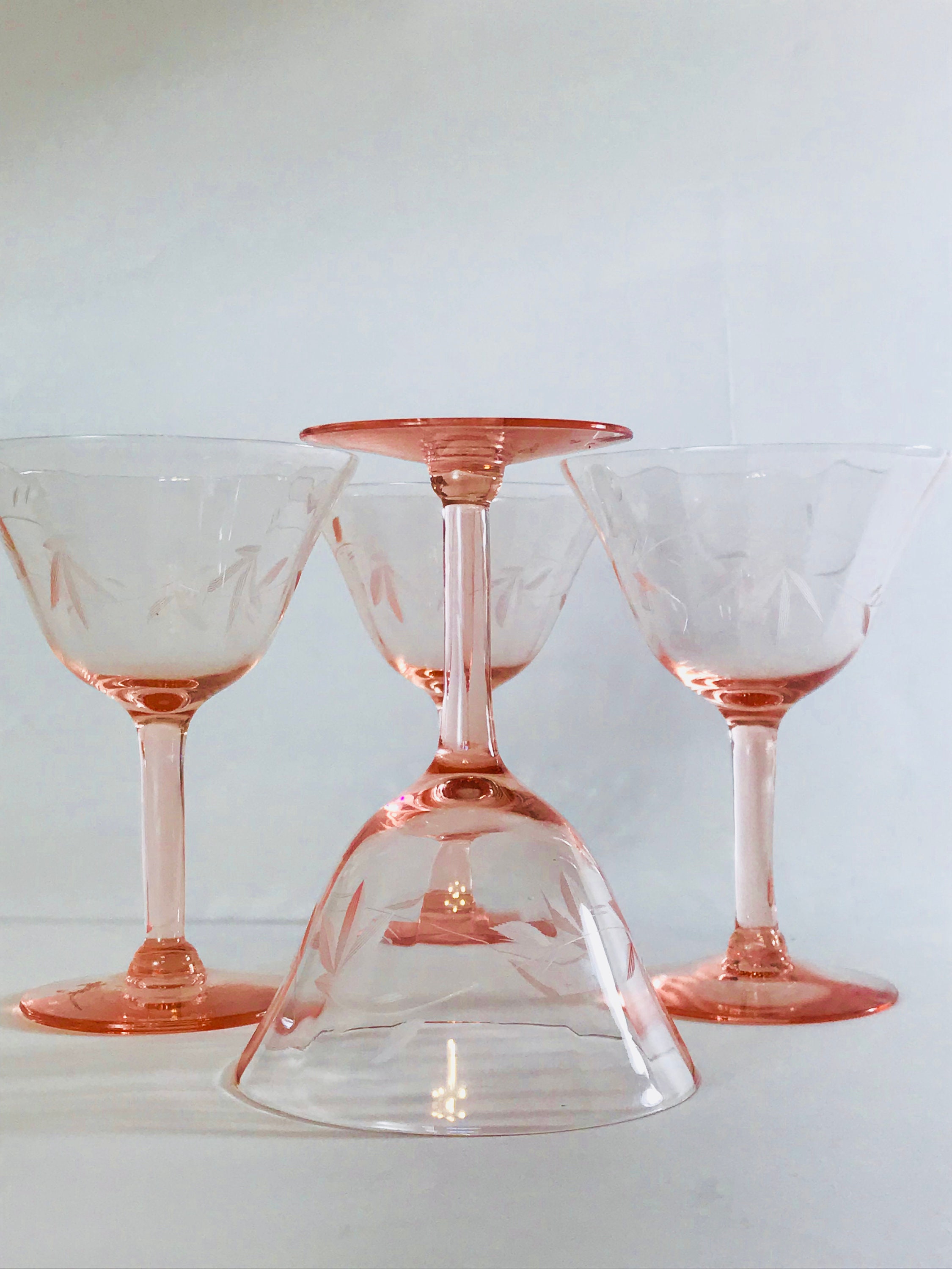 Pink cocktail glasses, 30s 40s coupe glasses, Etched glass cordials