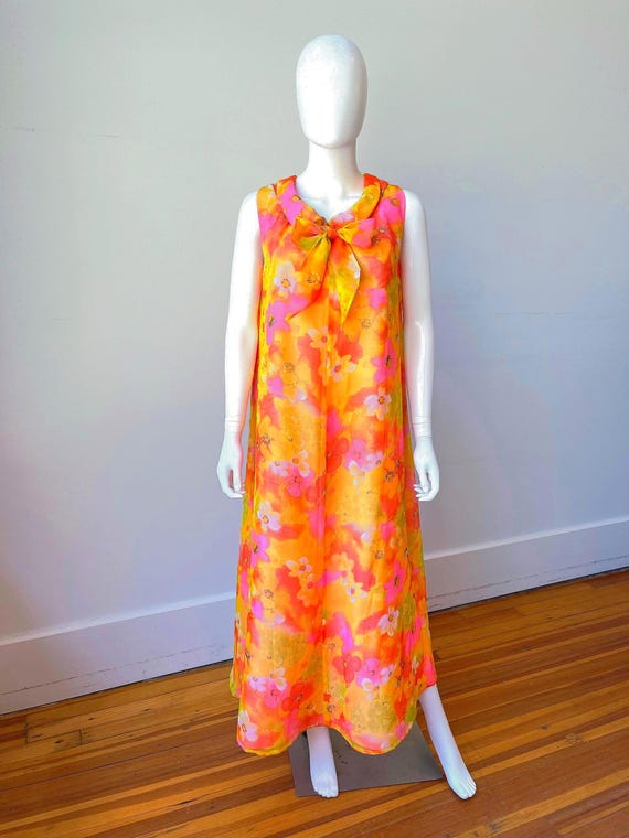1960s Bright Watercolor Floral Chiffon Maxi Dress, Vintage 60s Orange & Pink PussyBow Mock Neck Sleeveless Caftan, Vtg Flowy Tent Dress S-XL