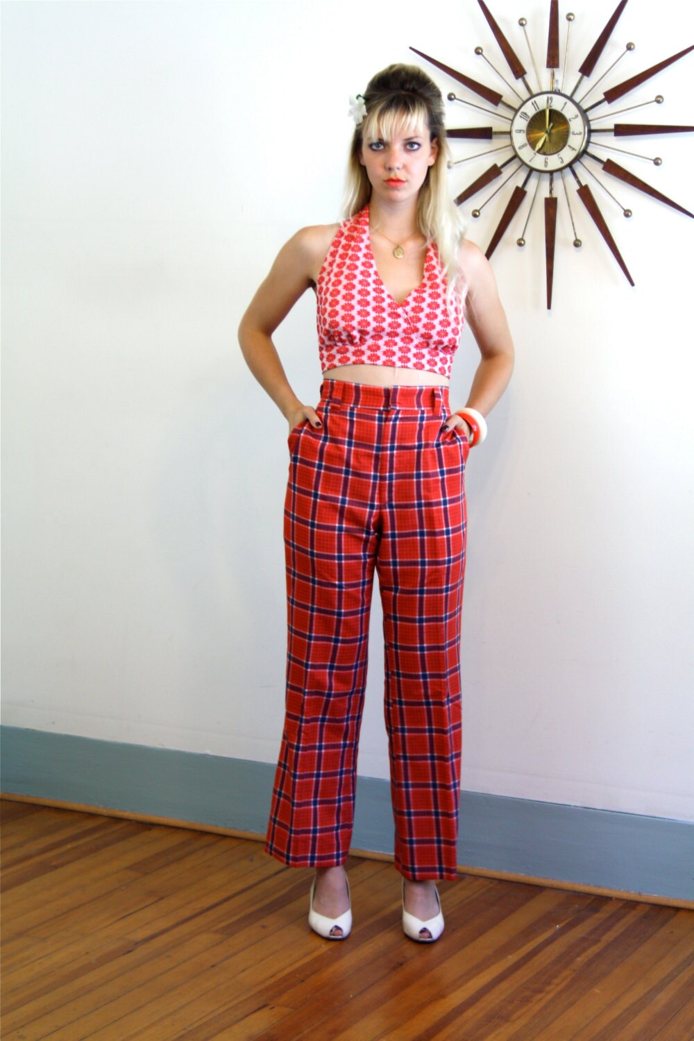 plaid pants with red side stripe