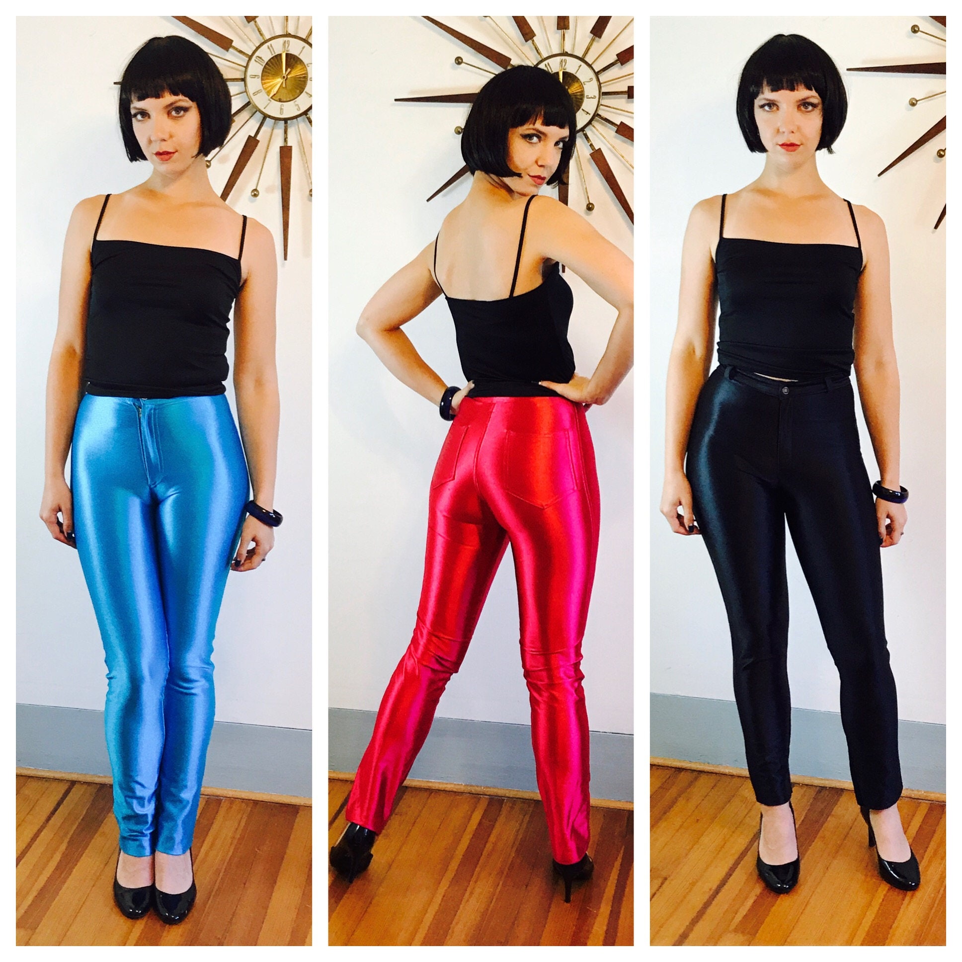 Vintage 70s Disco Pants, Shiny Black Spandex Jeans, Skin Tight