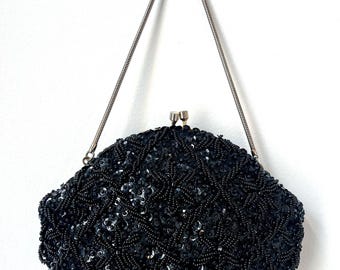 Bolsa de noite vintage com contas pretas dos anos 1960 - Bolsa formal Winkleman's