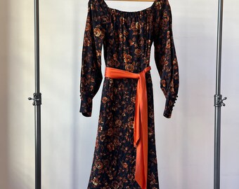 1970s Cotton Floral Print Maxi Dress, 70s Black & Rust Long Sleeve Dress, Square Neck Vintage Maxi Dress, 1970s Boho Floral Maxi Dress