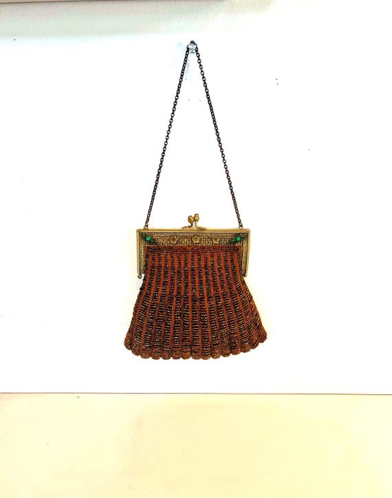 Vintage 1930s Handknit Beaded Evening Purse: Bronze Art Deco Handbag