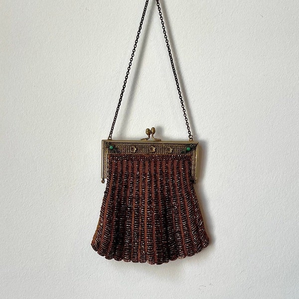 Vintage 30s Handknit Beaded Evening Purse, 1930s Bronze Beaded Handbag, Vintage Gold/Bronze Beaded Formal Purse