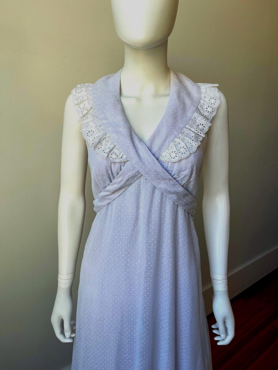 Vintage 70s Swiss Dot Maxi Dress: Lilac Eyelet Lace Halter, Open Back
