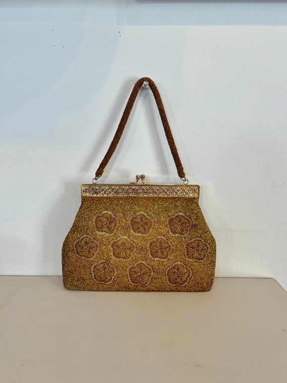 Vintage 60s Gold Beaded Floral Handbag Made in Hong Kong, 1960s Gold Frame & Gold Crystal Purse, Vintage 60s Ornate Floral Gold Handbag