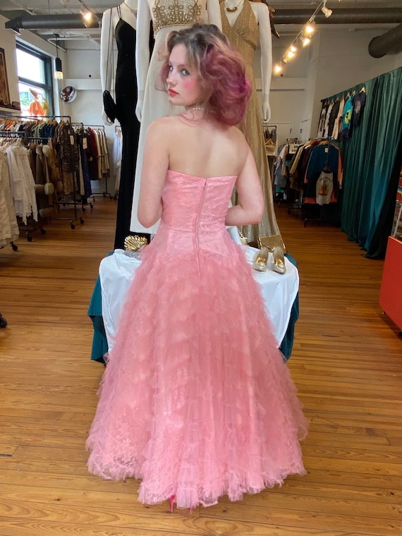 Vintage 50s pink ruffle tulle Prom Dress, 1950s T… - image 4