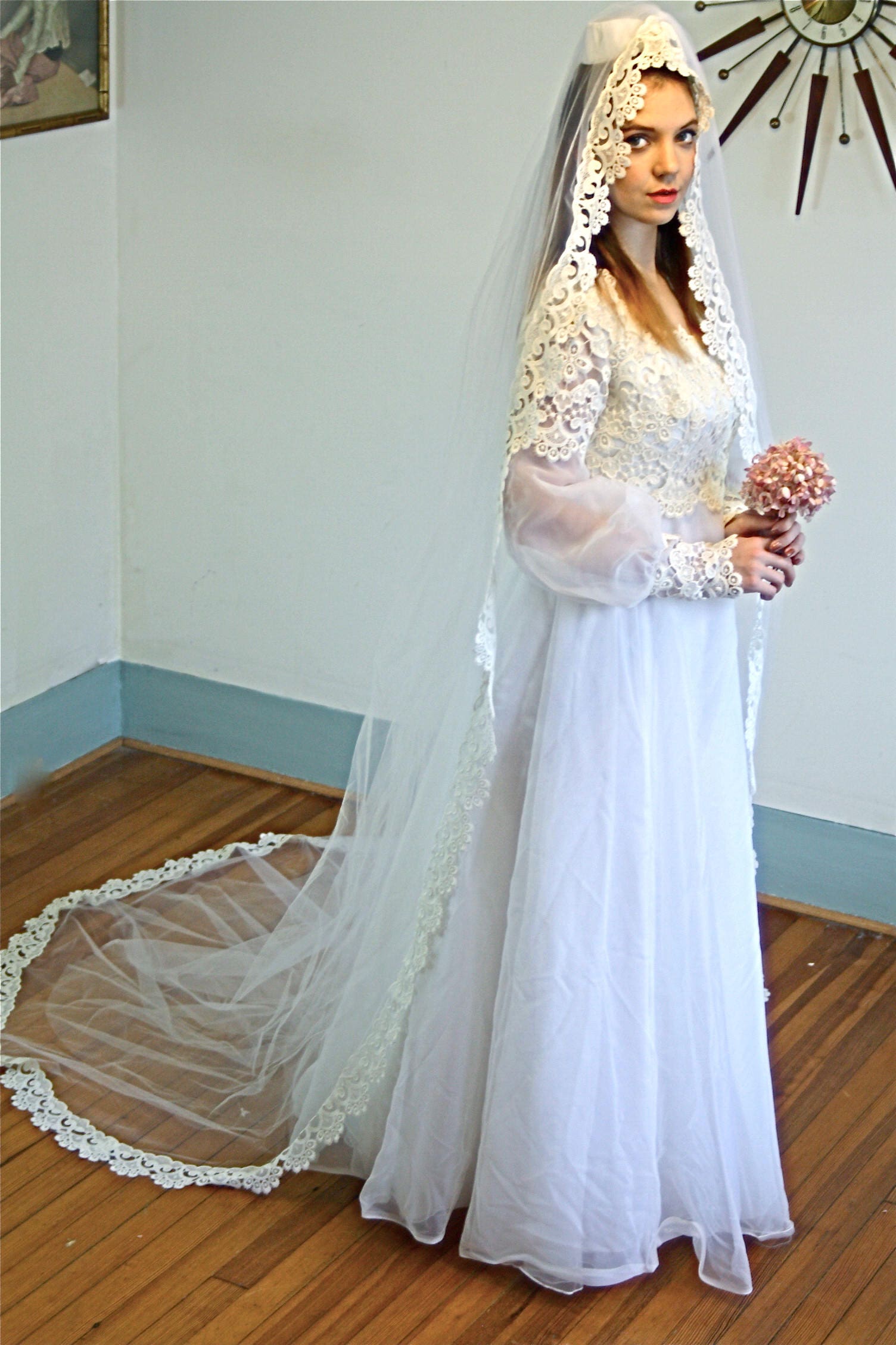 70s Wedding Dress, Lace Veil Dress Set, Vintage Chantilly Lace, Hippie