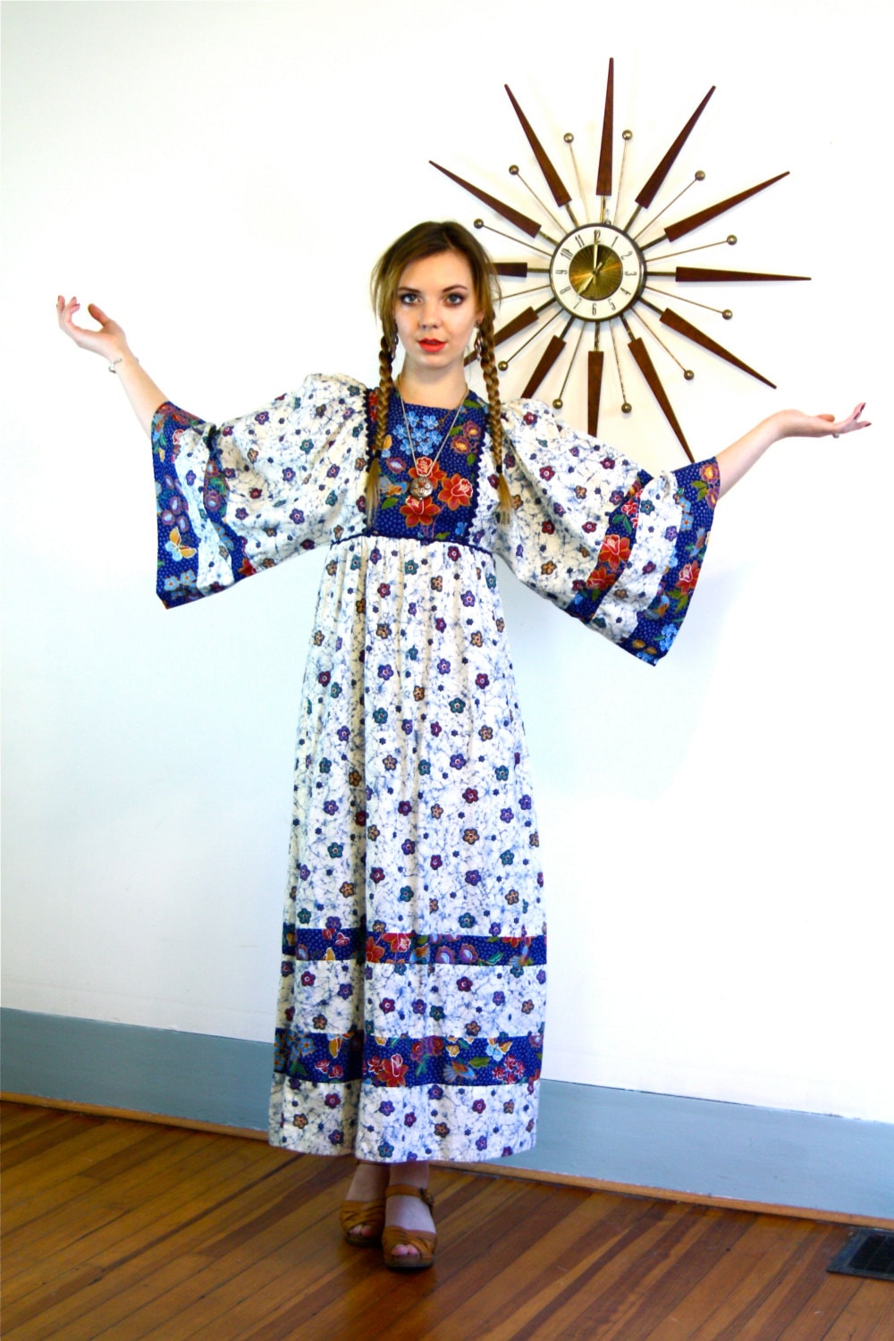 Vintage 70s Boho Hippie Maxi Dress Blue White Floral Patchwork