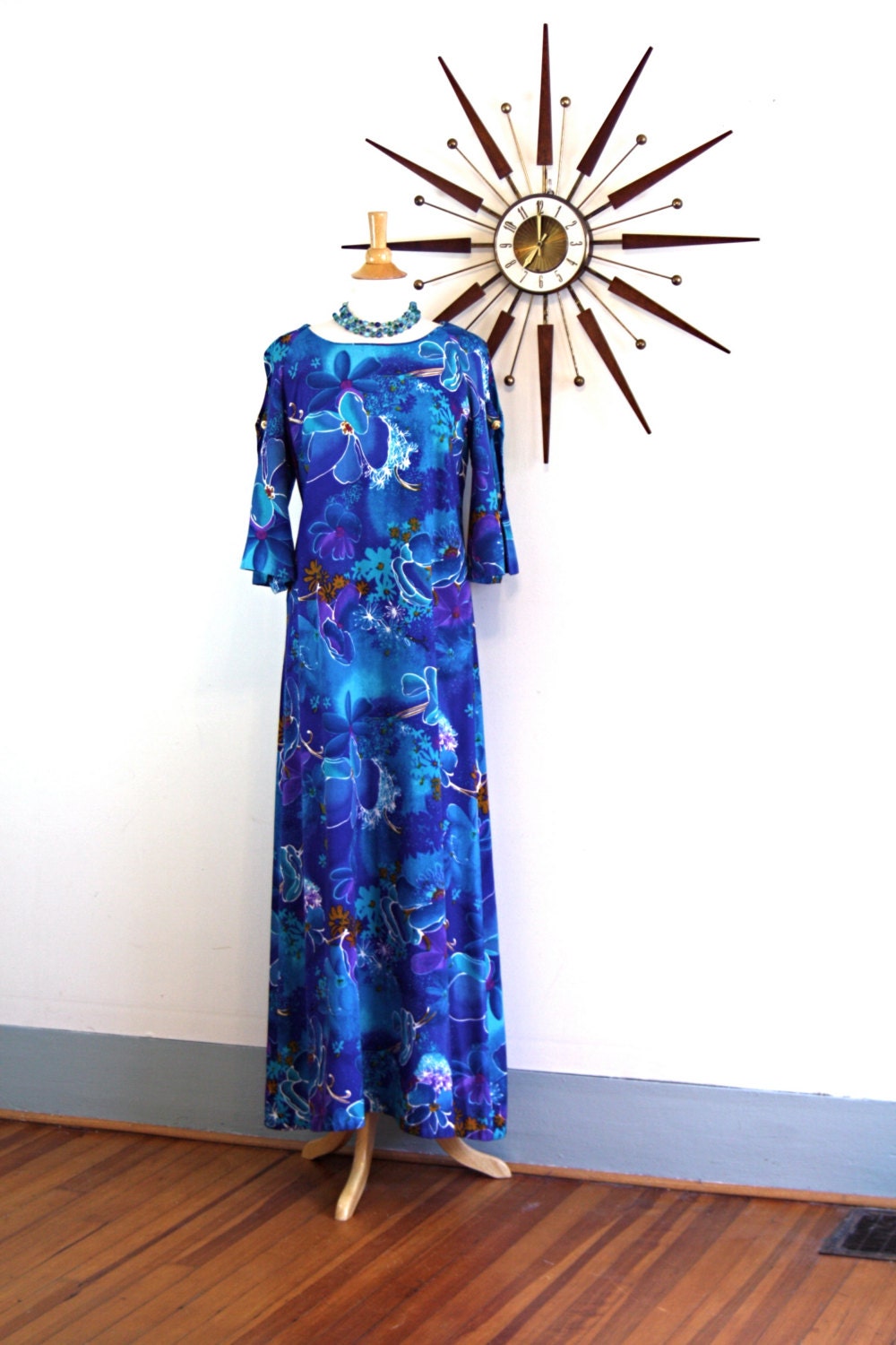 Vintage 60s Pake Mu'u Maxi Dress By TWO POTATO Bright Blue Tropical Floral  Print Open Ladder Sleeve Mu Mu Hawaiian Wedding 1960s Loungewear