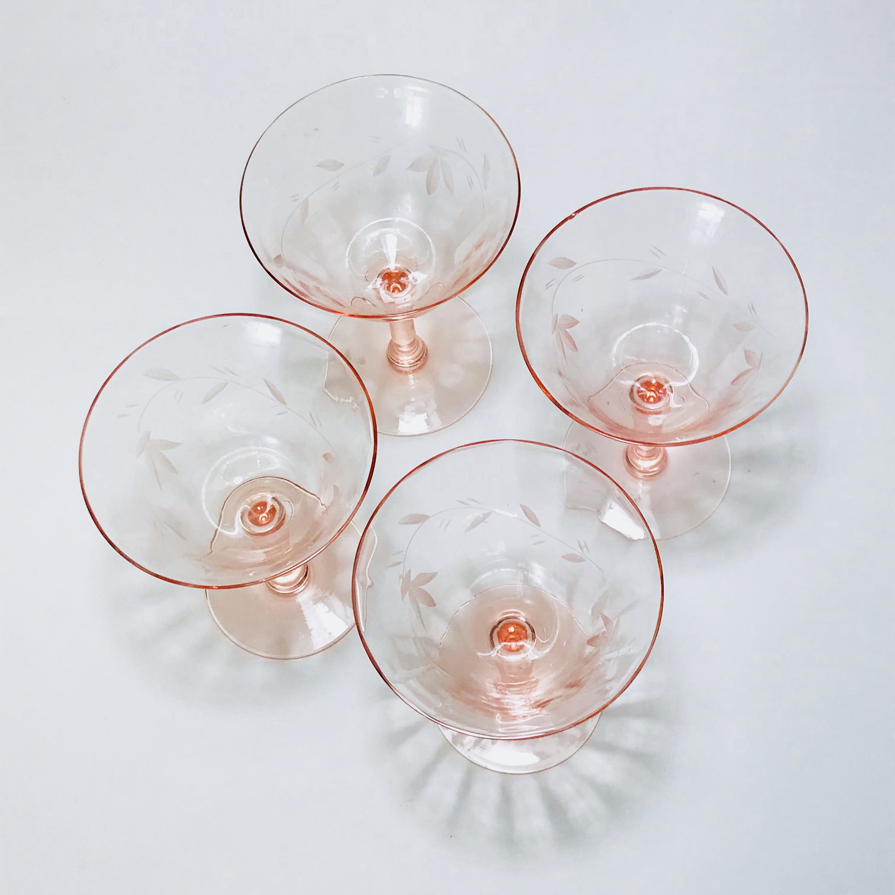 Pink Etched Floral Fluted Wine Glass, Set of 8