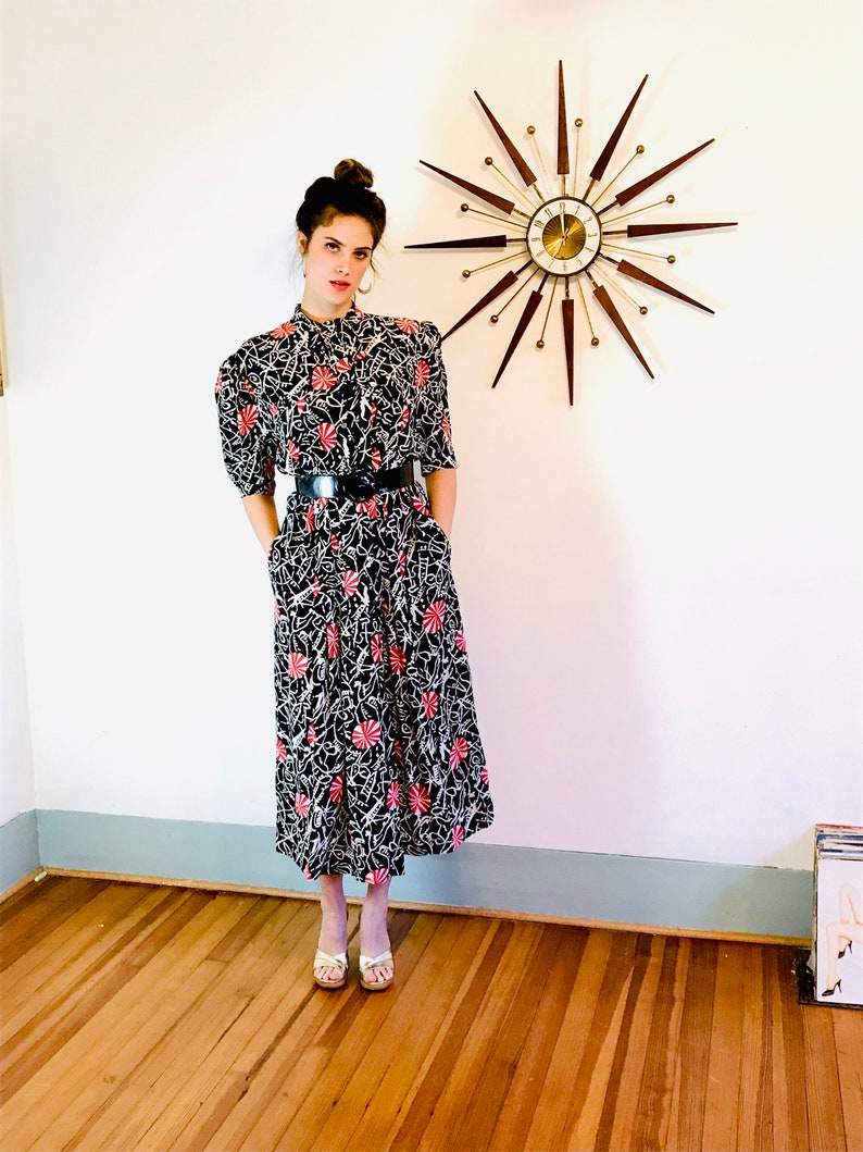 80s black silk Paul Costelloe dress XL geometric pattern long sleeve dress 1980s does 40s red white peppermint candy print pussy bow tie