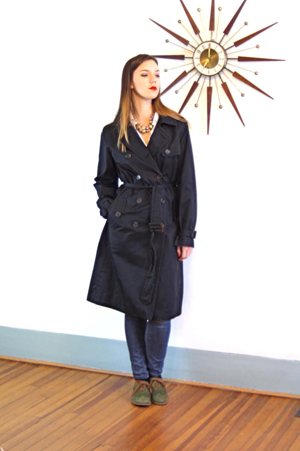 Black trench coat, Vintage Trench coat, BANANA REPUBLIC coat,Belted