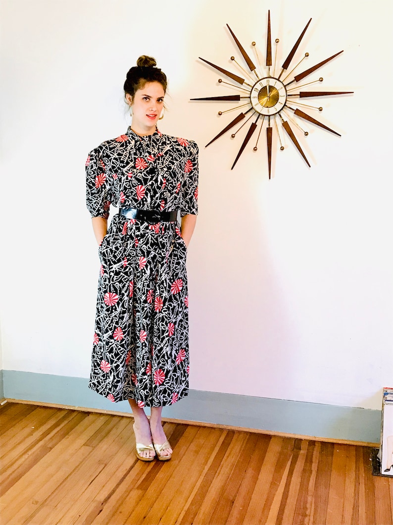 80s black silk Paul Costelloe dress XL geometric pattern long sleeve dress 1980s does 40s red white peppermint candy print pussy bow tie