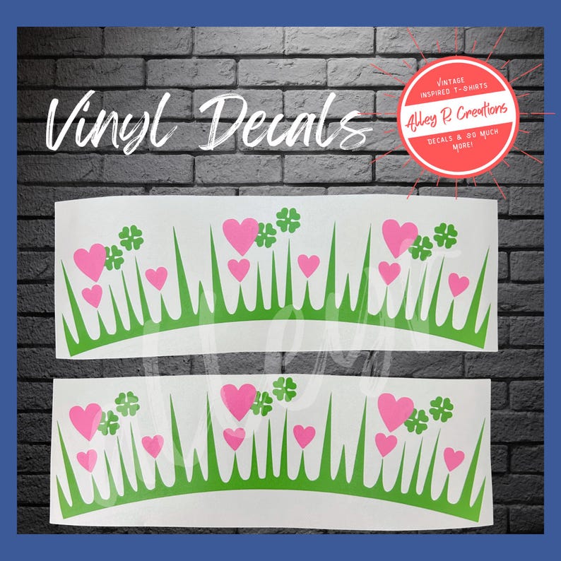 Vinyl decals featuring green grass, pink hearts, and green four-leaf clovers. The design is inspired by the vintage Pyrex Lucky in Love pattern.  The text 'Vinyl Decal' is written in white cursive. There is an accompanying logo for Alley R Creations in the upper right hand corner.