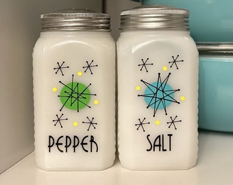 Atomic Starburst Salt & Pepper Shaker Decals - decals only shakers is NOT included