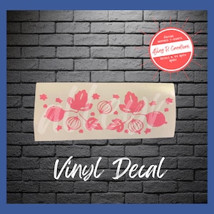 May include: Pink vinyl decal featuring a row of gooseberries with leaves and stems. The decal is on a white background.